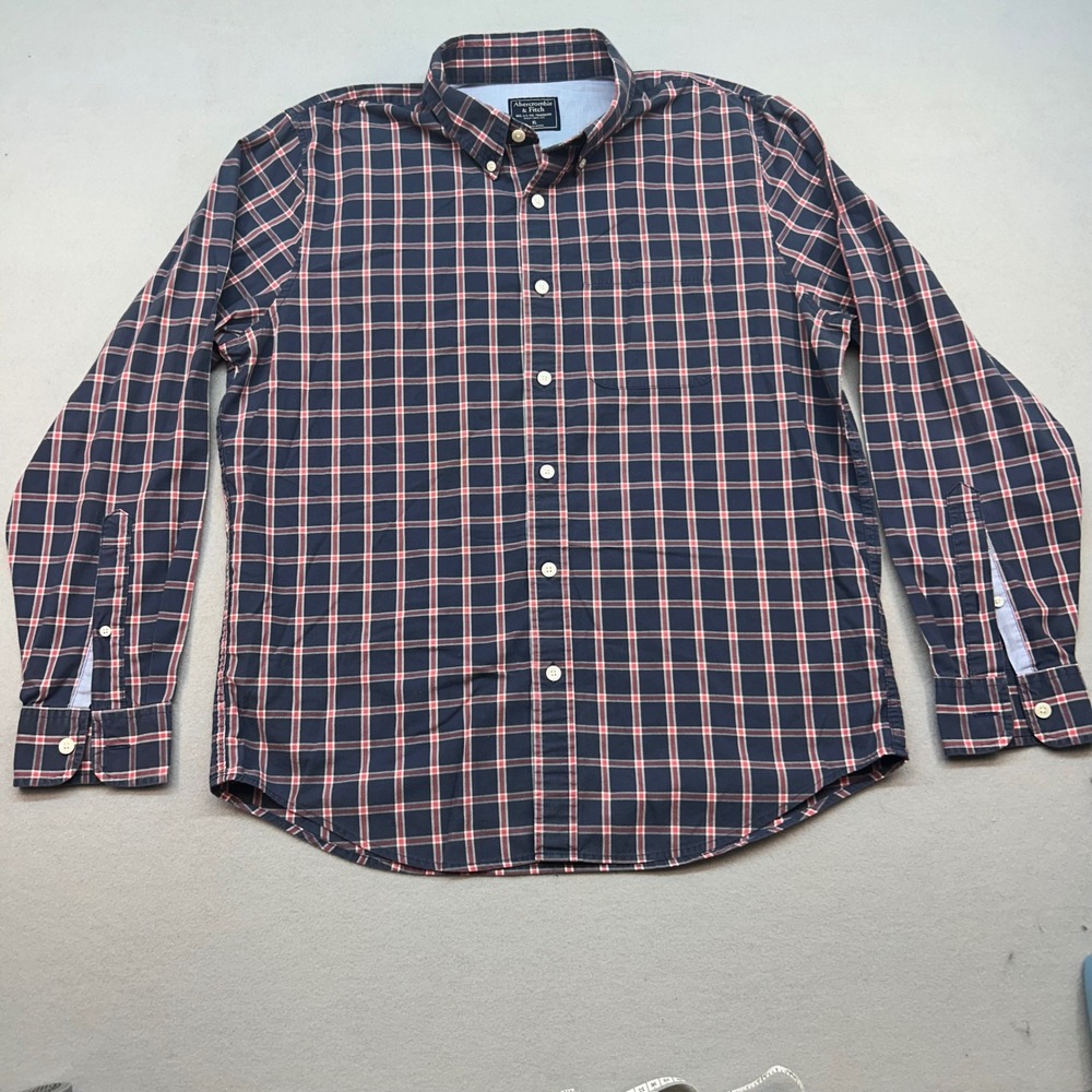 Abercrombie & Fitch Mens XL Navy Blue Red Plaid Button Down Shirt Long Sleeve